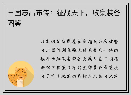 三国志吕布传：征战天下，收集装备图鉴